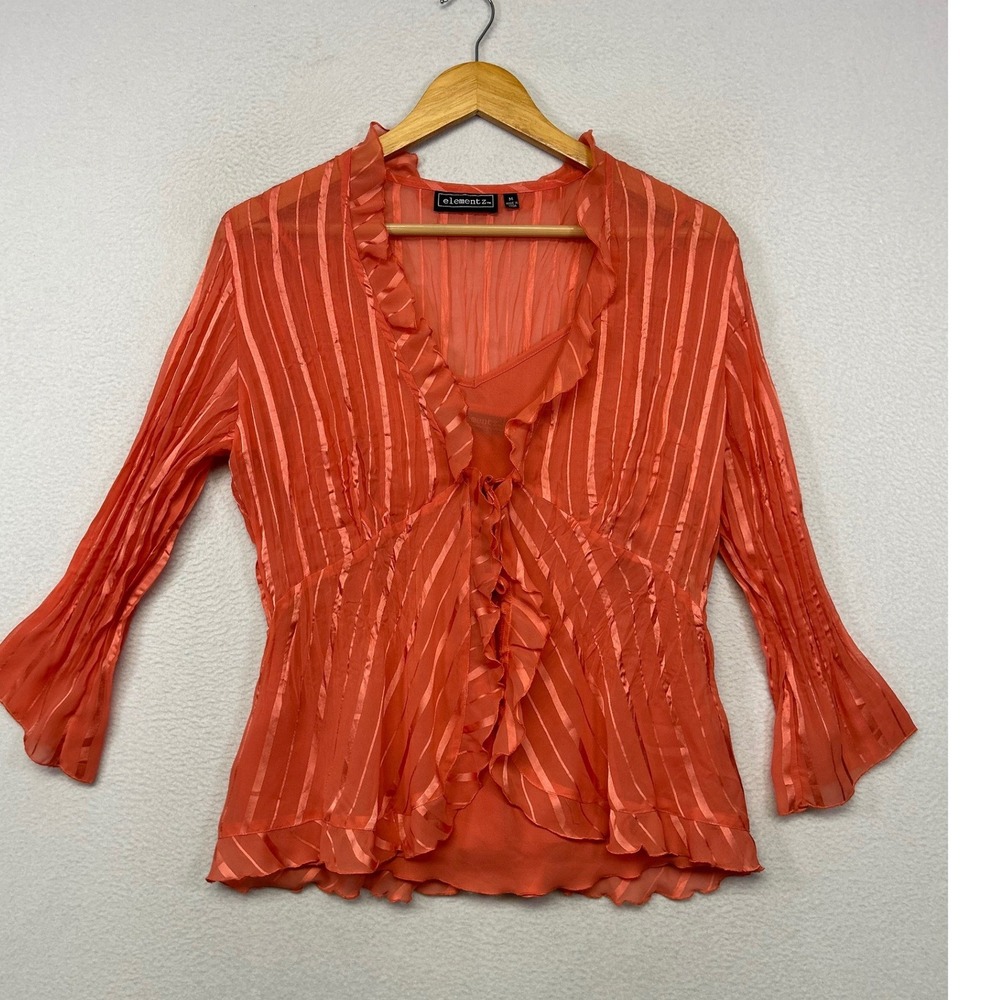 Y2K Romancore Elementz Womens Medium Coral Ruffle Satin Stripe Blouse Fairycore